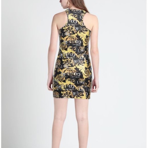NWT VERSACE Jeans Couture WOMEN Baroque Logo Print Mini Dress Black Gold - Picture 11 of 13